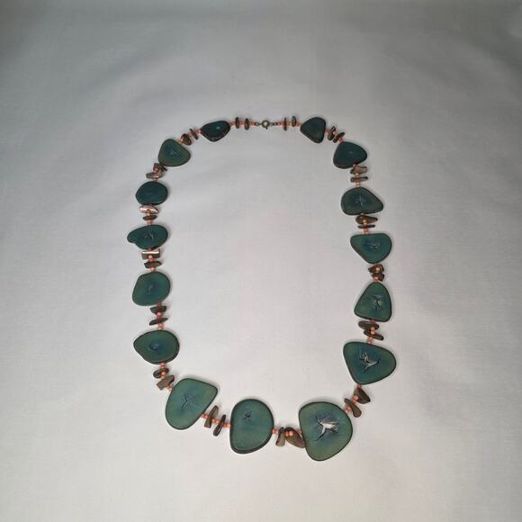 Vintage Boho Tagua Nut Necklace Teal 30" Handmade Teal & Green Vegetable Boho - Picture 4 of 5
